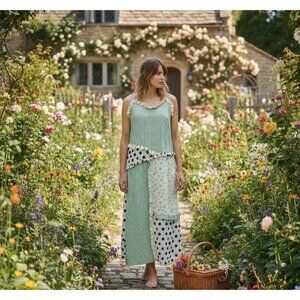 English Factory Patchwork Maxi Dress Medium Gingham Polka Dot Floral Cottagecore